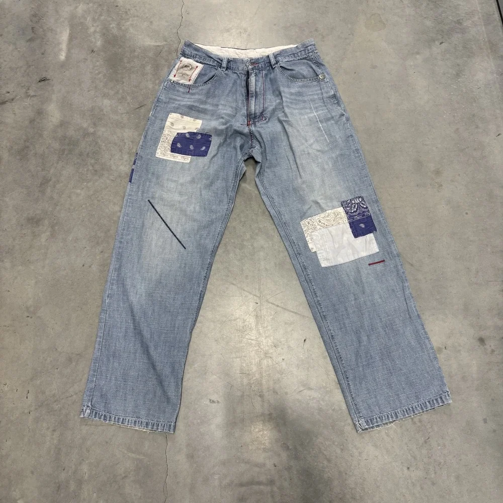 A.Tiziano Mens Patchwork Bandana Denim Jeans Blue Size 34